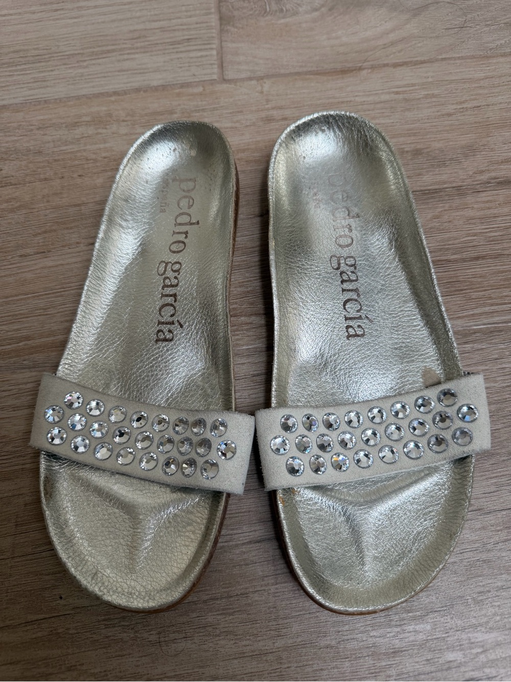 Pedro Garcia Metallic Gold Slide Sandals with Crystal Straps